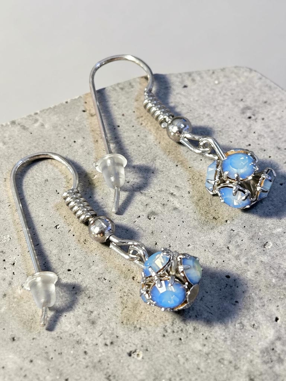 Silver Toned Drop Earrings with Light Blue Opal Stones
